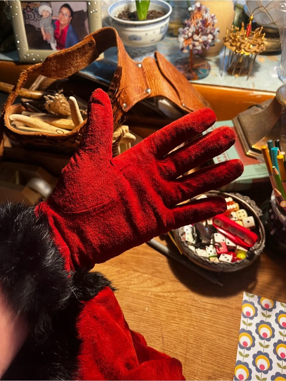 Genuine, red suede leather with rabbit fur!!